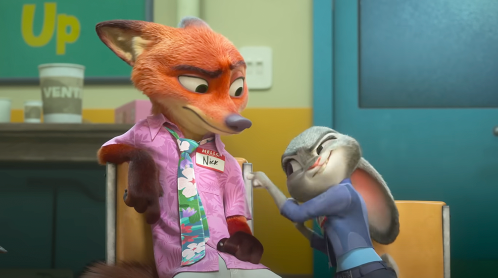 Animated fox nick Wilde and hare Judy Hopps in Disney's Zootopia 2